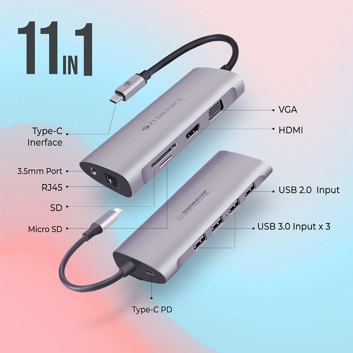Zeb TA2000UCLVAP – 11 in 1 USB Type C Multiport Adapter with USB, HDMI, VGA, 3.5mm, RJ45, SD, Micro SD, Type C PD - Image 4